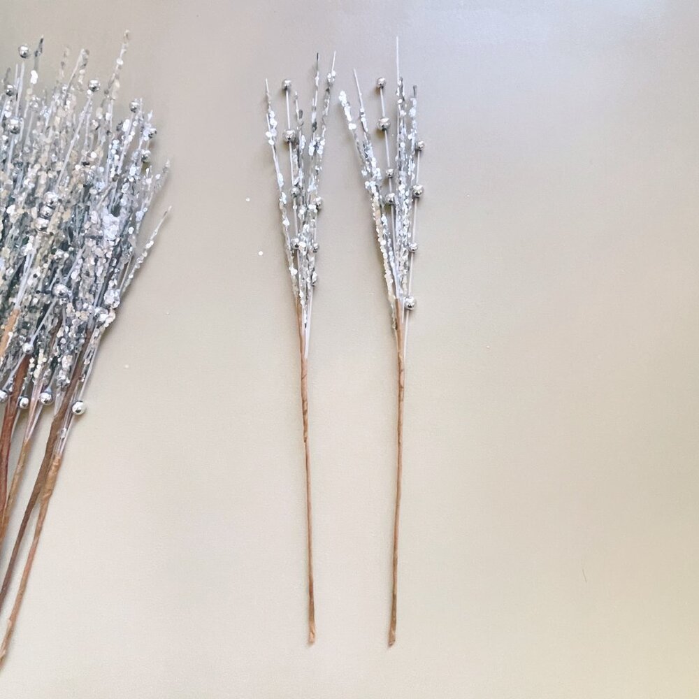 Sprays Stems Picks Silver Glitter Beaded 12" Faux Floral Tree Craft Set of 25 - Picture 2 of 5